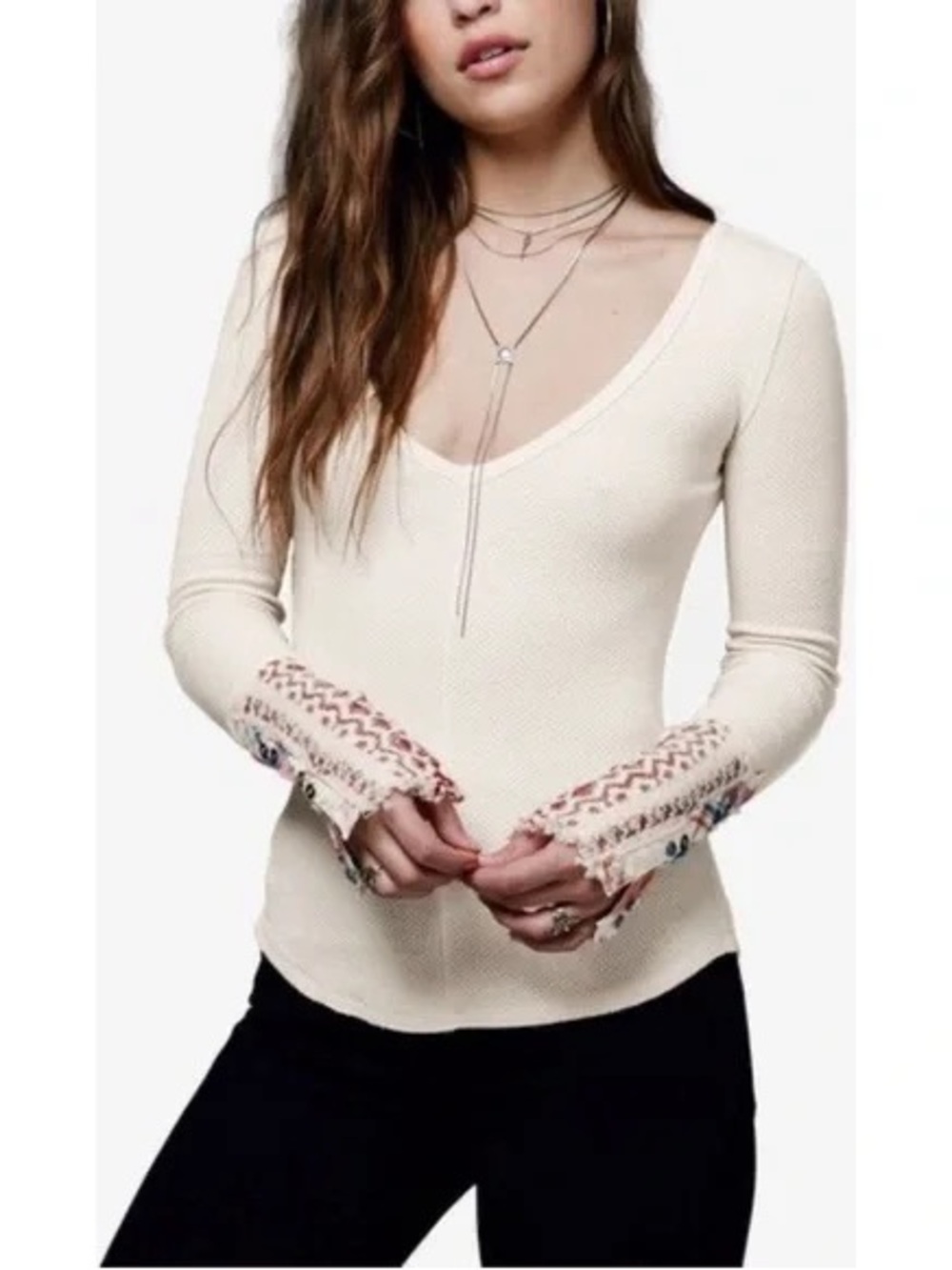 We The Free - Cream Ribbed V-Neck Knit Top with Embroidered Pattern Cuffs
